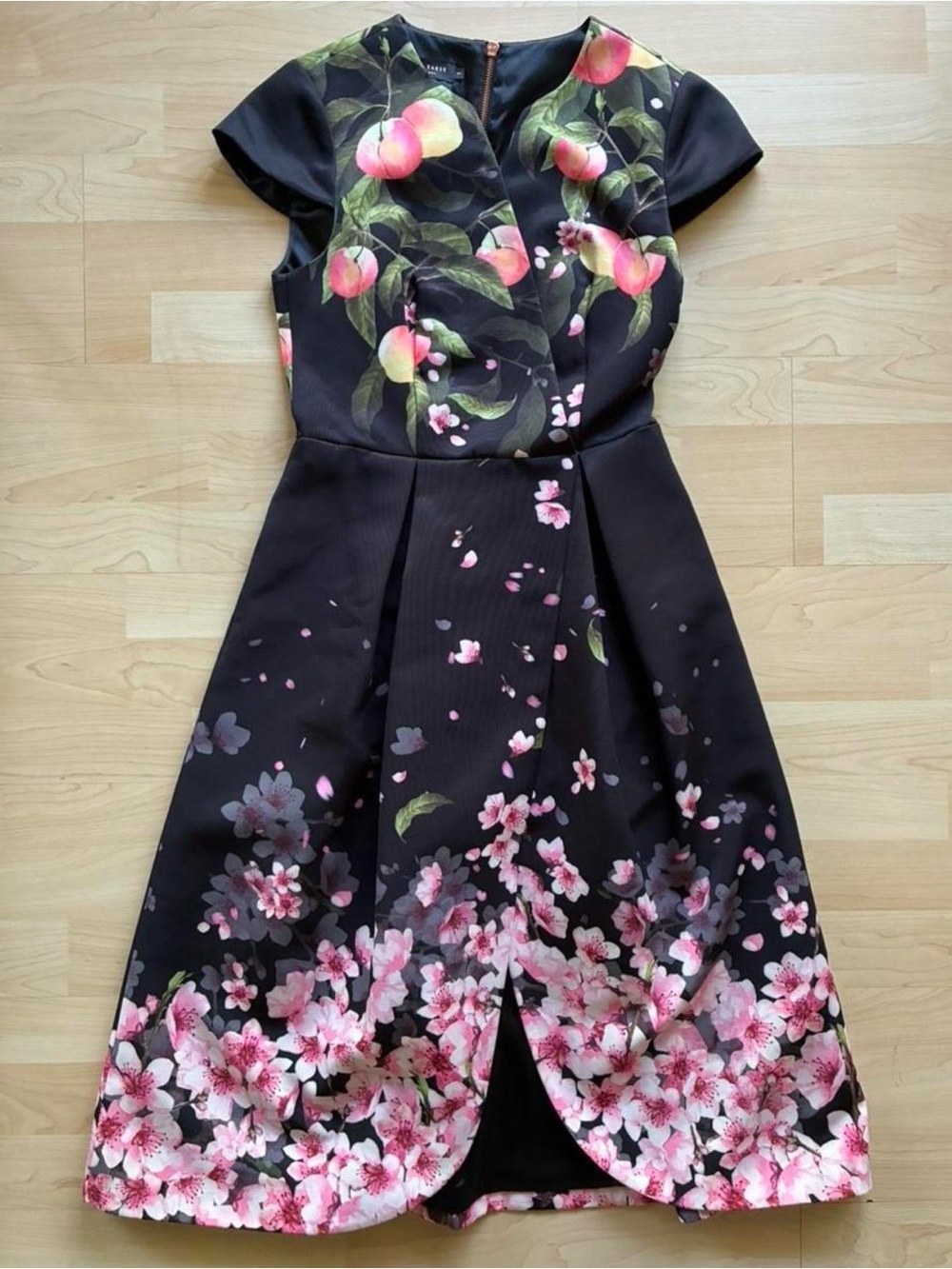 Ted Baker Black Dress with Pink Floral & Peach Accents